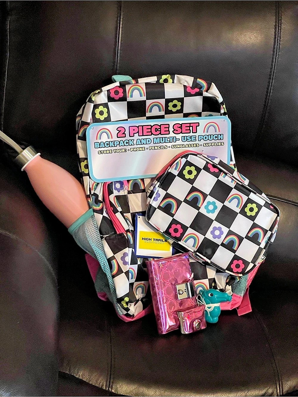 High Trails 2 Piece Set Backpack and Multi-Use Pouch Checkerboard Rainbow Black